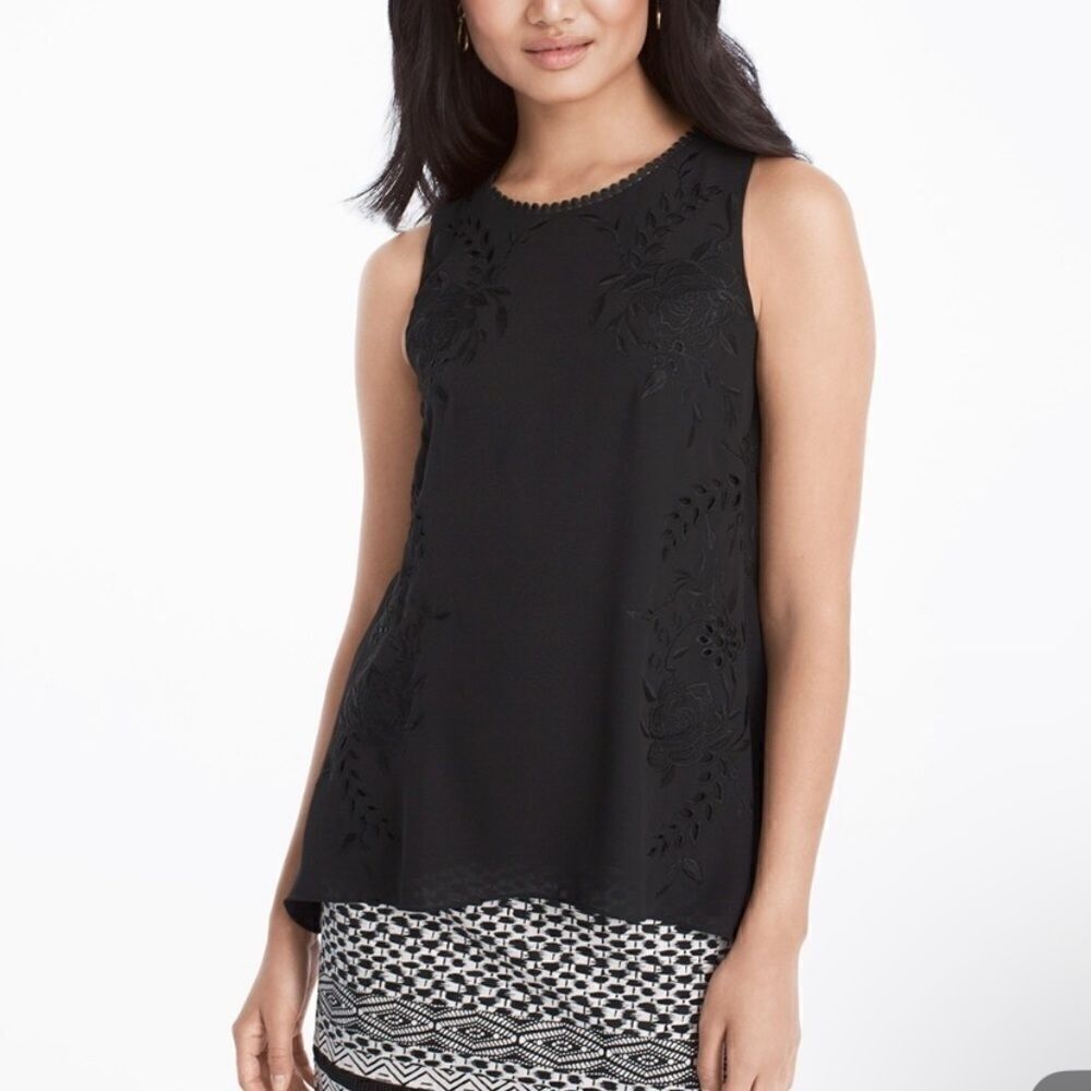 White House Black Market Black Embroidered Floral Shell Sleeveless Top Classic